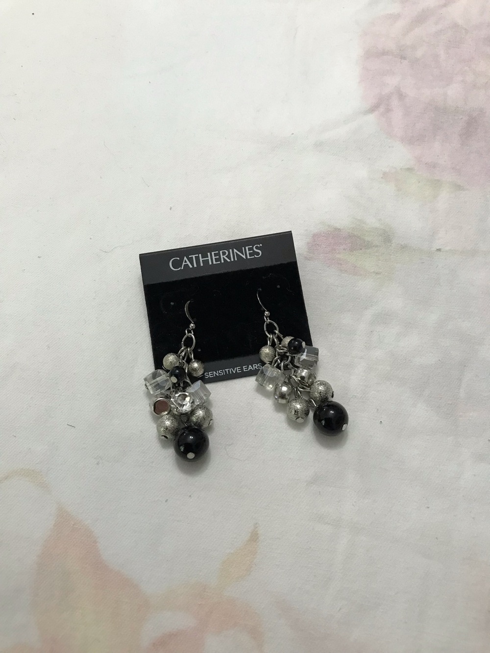 Catherine’s Silver Tone Black Clear Silver Beaded Dangle Earrings